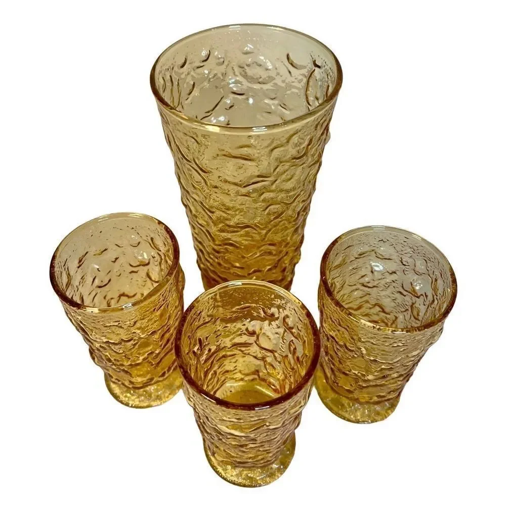 Anchor Hocking Vintage Lido Milan Amber Honey Crinkle Glasses 3 Juice, 1 Tumbler